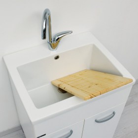 Vasca lavatoio in ceramica bianca 60x50 da incasso con asse in legno