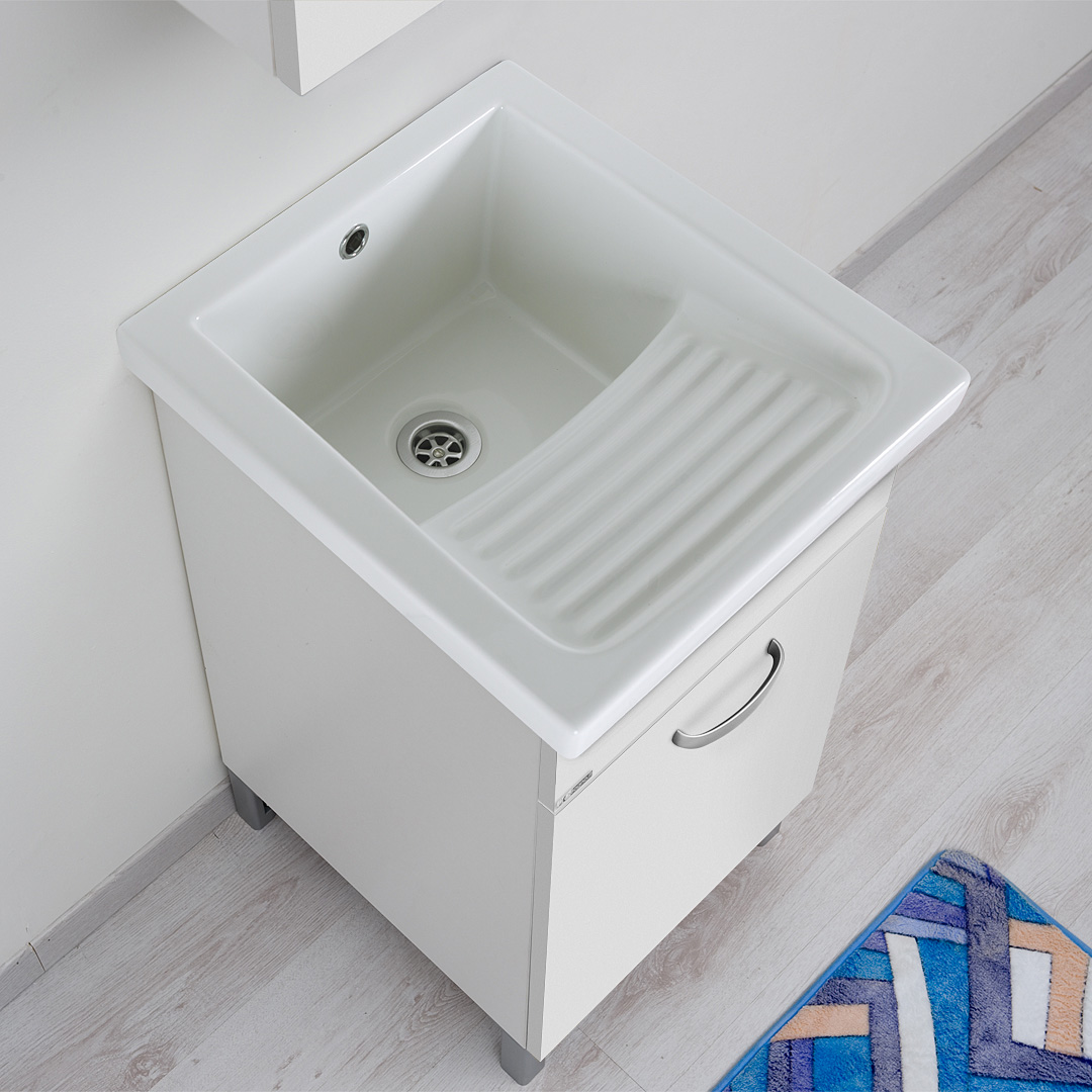 Jo-Bagno.it Mobile LAVATOIO Ceramica 60 x 50 x H 86 DOMINA Design Bianco  Incluso di PILETTA in Acciaio E SIFONE Pilozza Profonda 33 cm : :  Fai da te