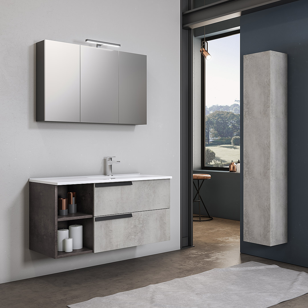 Mobile bagno sospeso 100 cm con lavabo decentrato sx o dx e specchiera