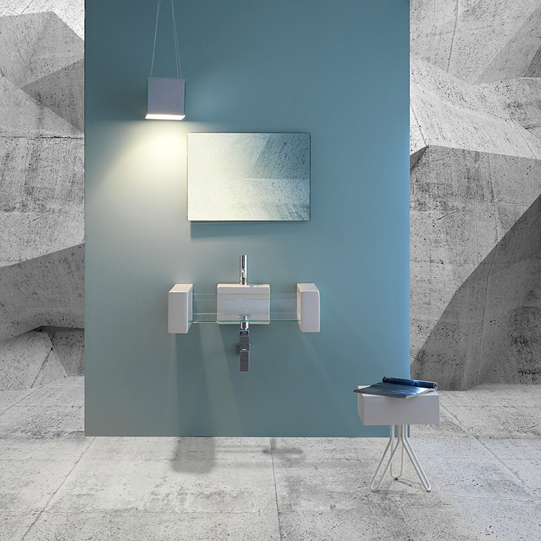 Lavabo in vetro 120x35,5 sospeso con mensole in ceramica Glass 