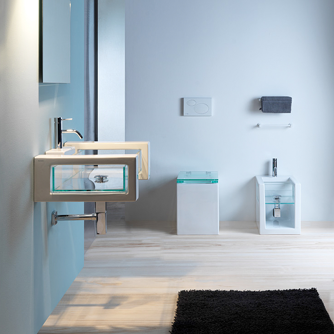 Lavabo in Vetro 80x49 sospeso con mensole in ceramica Glass