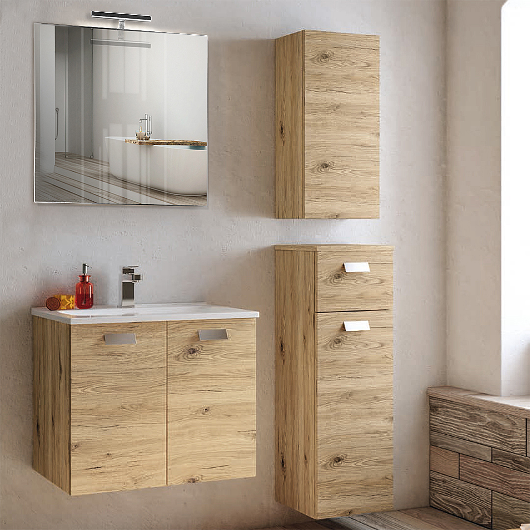 Mobile bagno sospeso 80 cm Smart bianco legno con specchio contenitore