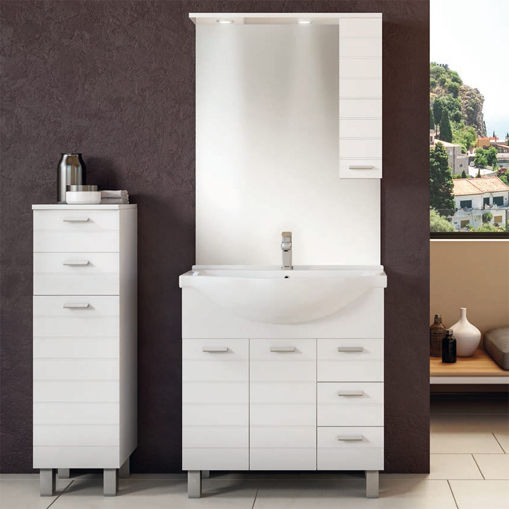 Mobile bagno a terra 105 cm incluso di specchiera con faretti a ledi Rigo1