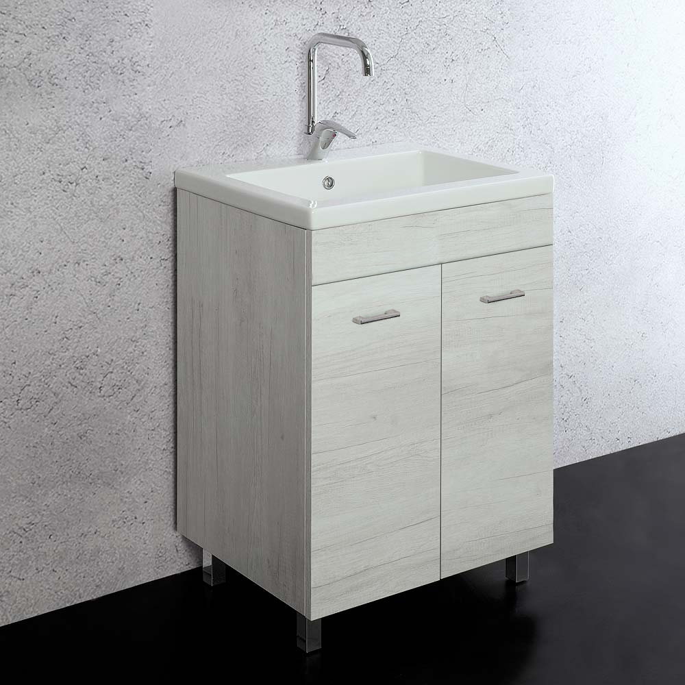 Mobile Lavatoio In Legno Con Vasca Ceramica - 45x50 Cm, Bianco, Con Strofinatoio Integrato E Kit Sifone - Foto 7