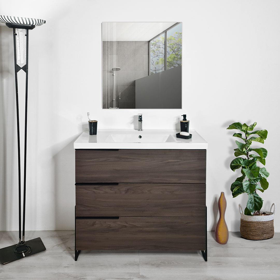 Mobile Bagno 60cm a Terra Con Tre Cassetti e Specchio