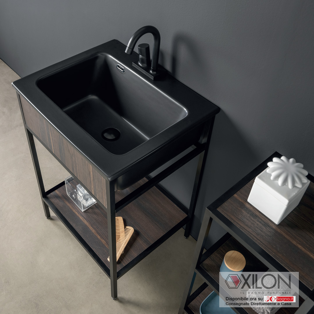 Mobile Bagno SKEMA 60 Alluminio con Lavabo Nero in Ceramica 60 di XILON