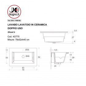 Vasca lavatoio in ceramica Ghost Doppio Uso - tecnica 75x50