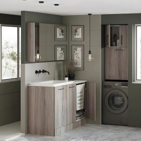Arredo lavanderia moderna con lavabo in ceramica doppio uso Ghost e cesto biancheria estraibile