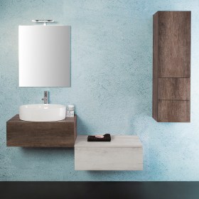 Mobile bagno sospeso moderno da 70 cm con due basi e lavabo da appoggio 