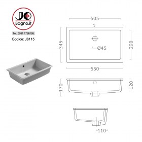 J8115 TECNICA Lavabo sottopiano rettangolare 55x34 incasso