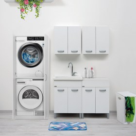 Lavanderia DOMINA bianco cerato con lavatoio, colonna multifunzione e mobile con top a due ante