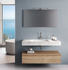 Mensolone bagno con lavabo integrato in HPL 90 cm - Marmo Carrara / Rovere Miele