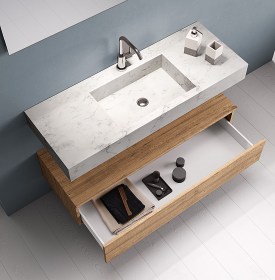 Mobile bagno sospeso con lavabo integrato  - Marmo Carrara / Rovere Miele 