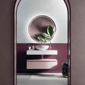 Mensola bagno sospesa con lavabo dappoggio cassetto e Specchio led - Bianco / Rosa Opaco