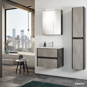 Composizione Arredo bagno sospesa Grace1 da 60 cm inclusa di mobile, lavabo in ceramica, specchio contenitore e lampada led