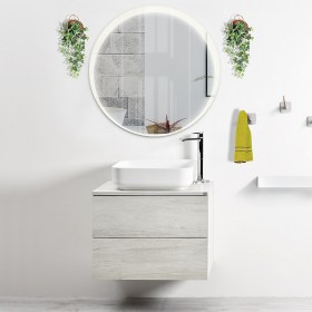 Ambiente bagno KLara da 70 cm con mobile a 2 cassetti, lavabo da appoggio e specchio a LED Rotodondo