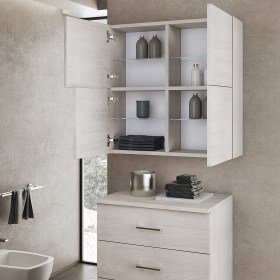 MOD083 Pensile Moderno sospeso 71x22 a 4 ante ad apertura push and pull con mensole in vetro (OLMO BIANCO) 