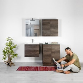 Ambiente Lavanderia KLARA con specchio contenitore, pensile a due ante e mobile porta lavatrice - Olmo Scuro