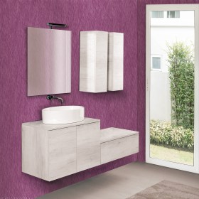 Mobile bagno sospeso a due ante incluso di lavabo in ceramica da appoggio, specchio filo lucido e due semicolonne sospese