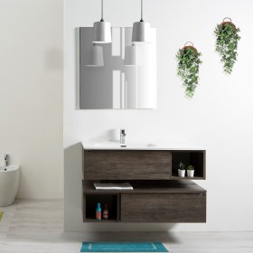 Mobile Klara da 100 cm con lavabo decentrato Olmo scuro, disponibile in Olmo bianco, Olmo Naturale e Cemento
