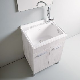 Mobile lavanderia 60x50 / 60x60  con vasca e asse  in Resina finitura Wood Bianco