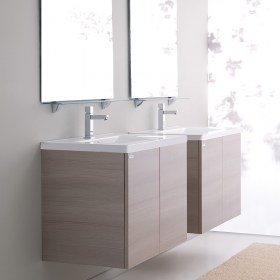 Mobile bagno 80 sospeso con 2 ante incluso di lavabo in ceramica, specchio filolucido e lampada a led 