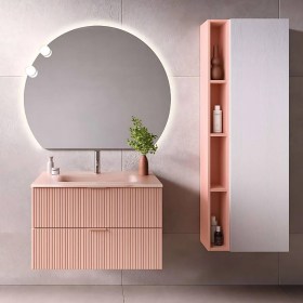Mobile bagno cannettato sospeso 80 / 100 cm con Specchio e lavabo in vetro