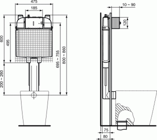 Tecnica Modulo di installazione per sanitari a terra e pareti in muratura Prosys 80