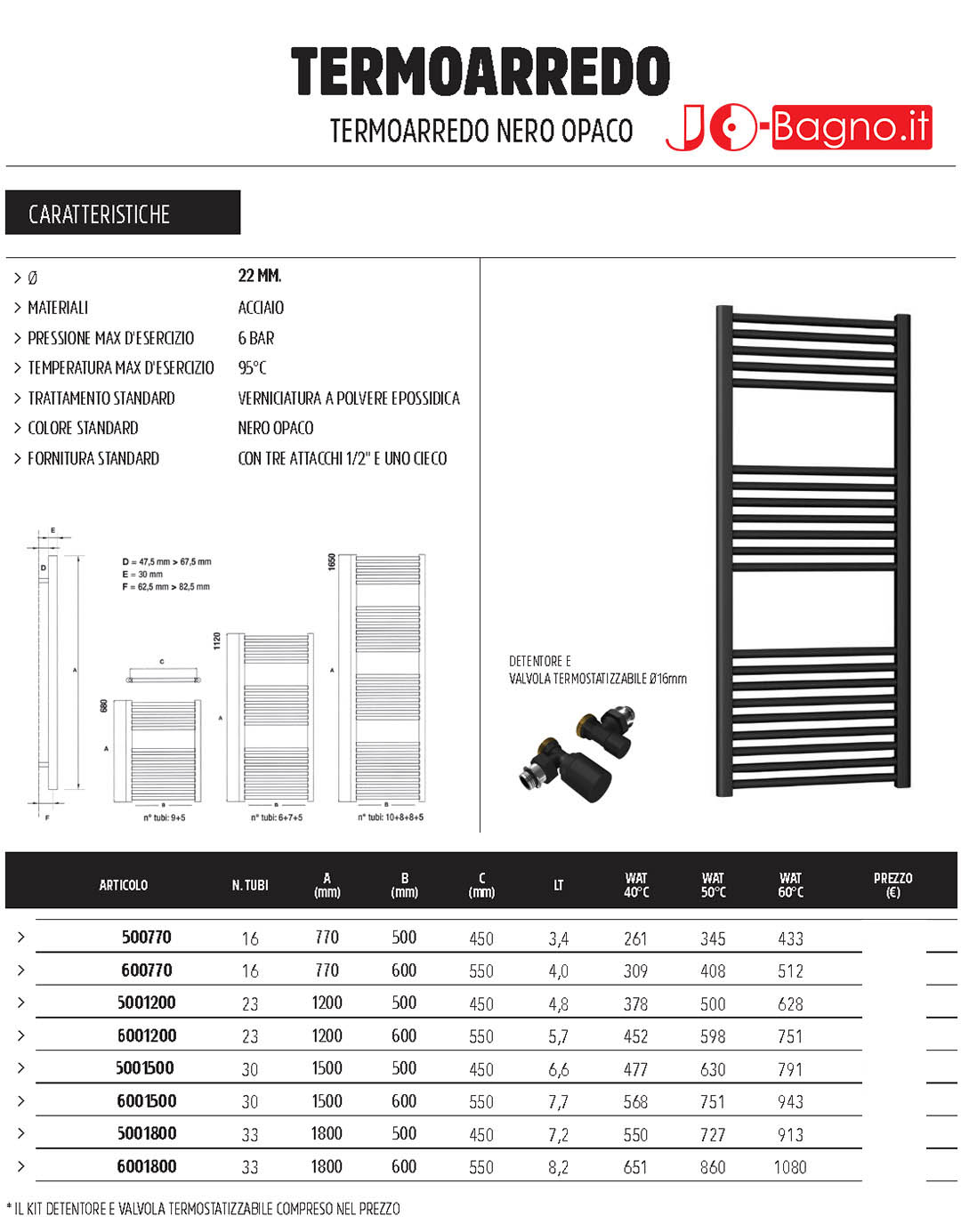 Termoarredo scaldasalviette bagno 180x42cm Nero Opaco