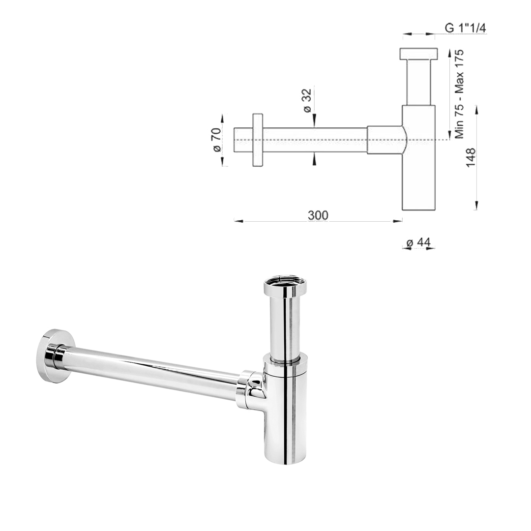 Sifone tradizionale lavabo bagno in ottone cromato